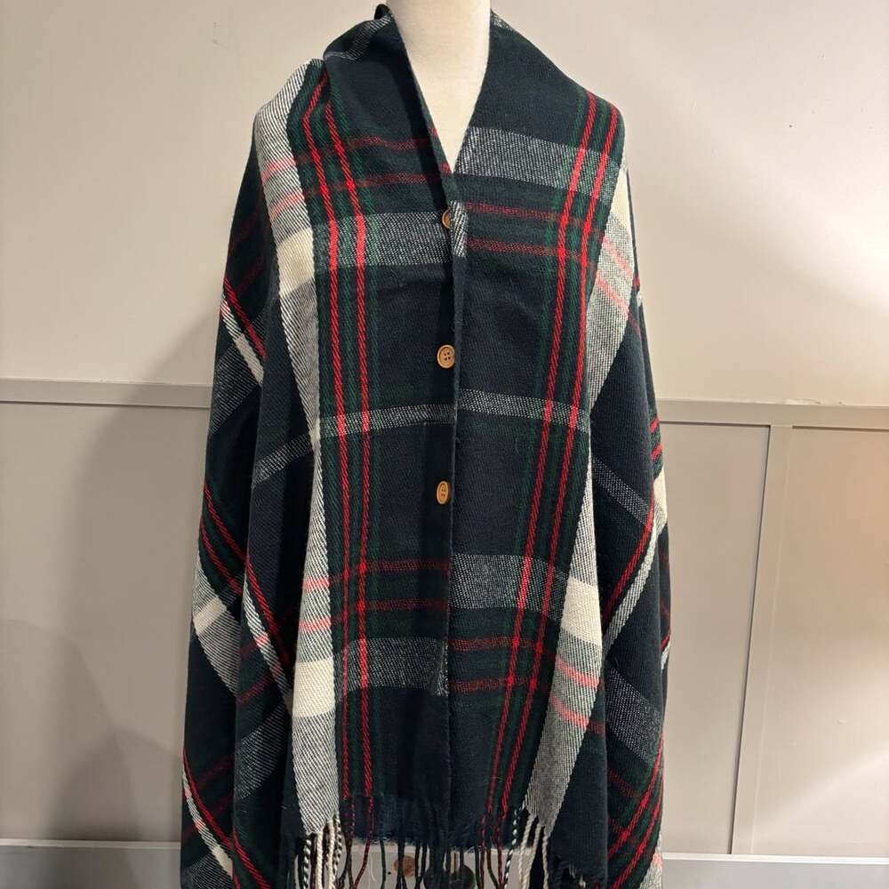 Plaid Button Poncho Shawl Fringe Green Black Red One Size